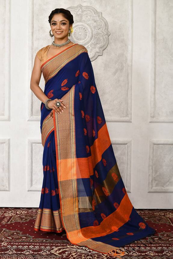 Buy_Aryavir Malhotra_Blue Peacock Motif Cotton Saree_at_Aza_Fashions