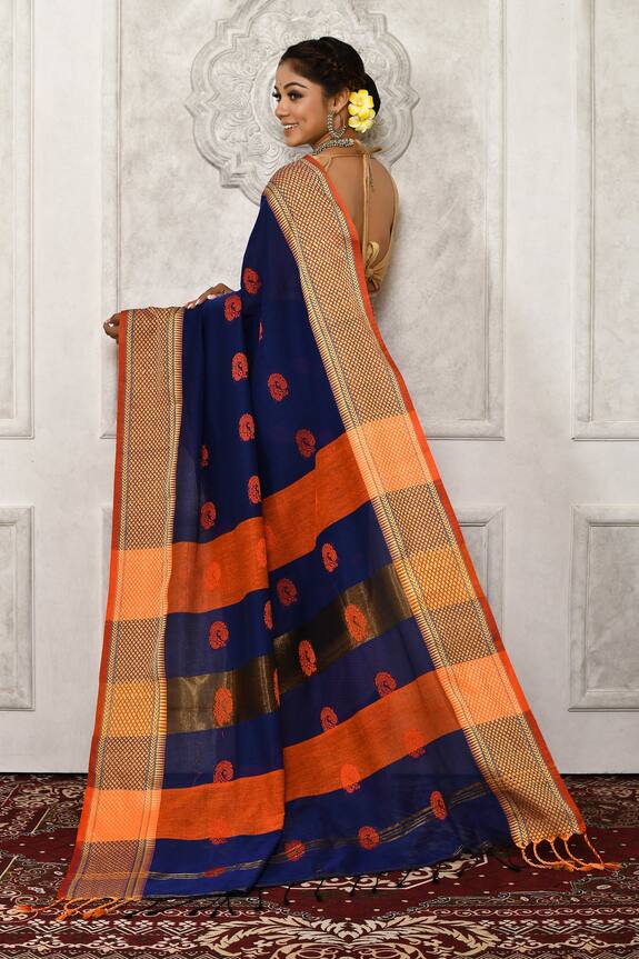 Shop_Aryavir Malhotra_Blue Peacock Motif Cotton Saree_at_Aza_Fashions