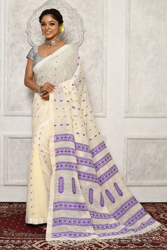 Buy_Aryavir Malhotra_Off White Handloom Cotton Saree_at_Aza_Fashions