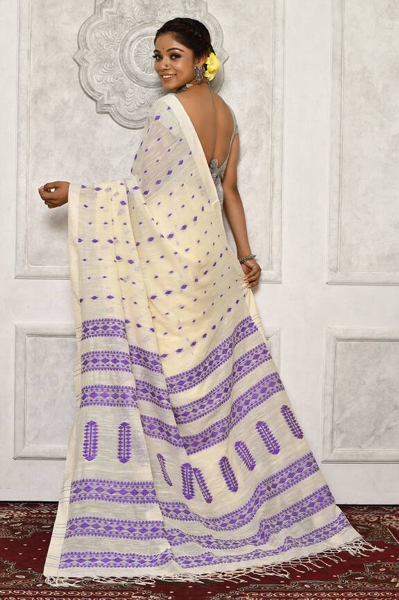 Shop_Aryavir Malhotra_Off White Handloom Cotton Saree_at_Aza_Fashions