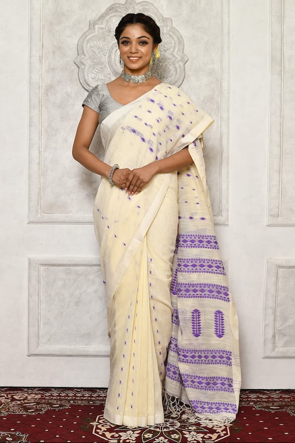 Aryavir Malhotra_Off White Handloom Cotton Saree_Online_at_Aza_Fashions
