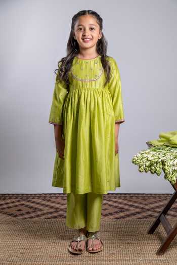 Girls' Green Chanderi Silk Gown - Digital Print, Zari
