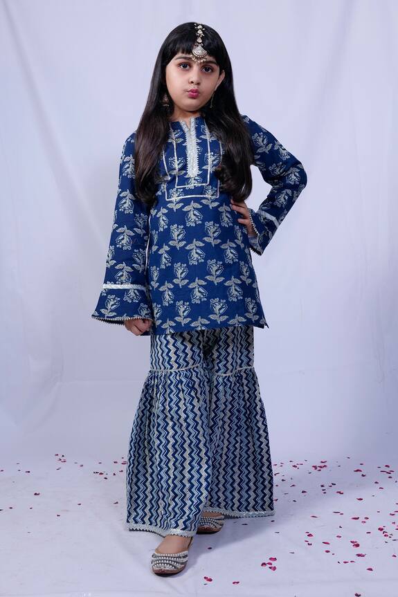 Pankhuri by Priyanka Blue Floral Print Kurta And Sharara Set For Girls 0