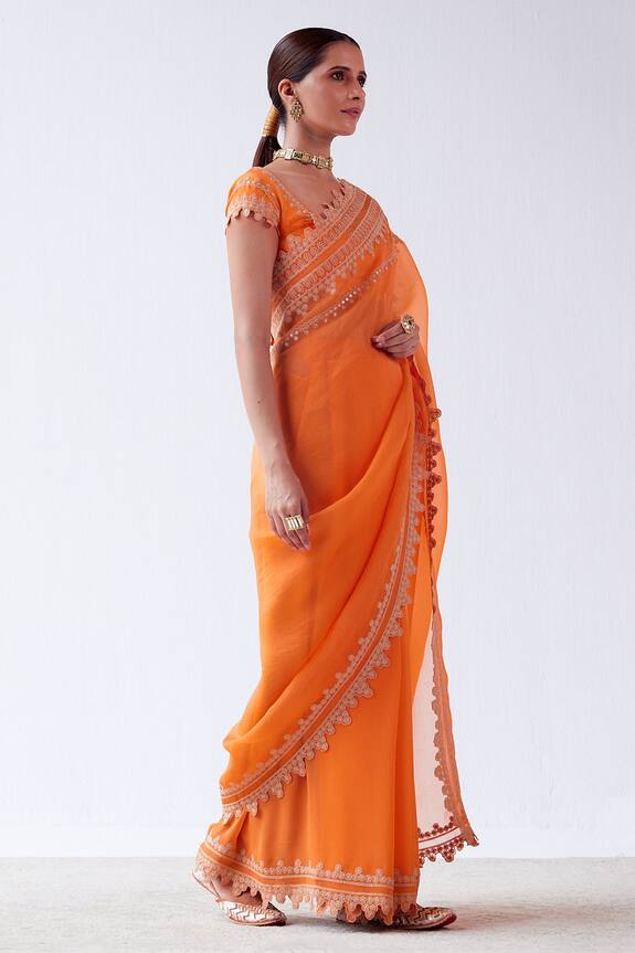 Devnaagri Orange Silk Organza Cutwork Border Saree With Blouse 4