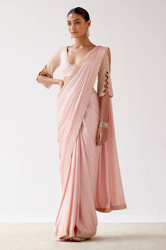 Devnaagri Pink Silk Satin Saree With Chanderi Embroidered Blouse 0