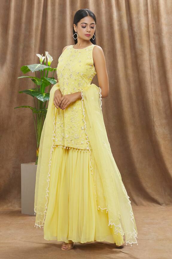 Buy Mahima Batra Yellow Georgette Floral Embroidered Kurta Sharara Set Online Aza Fashions 