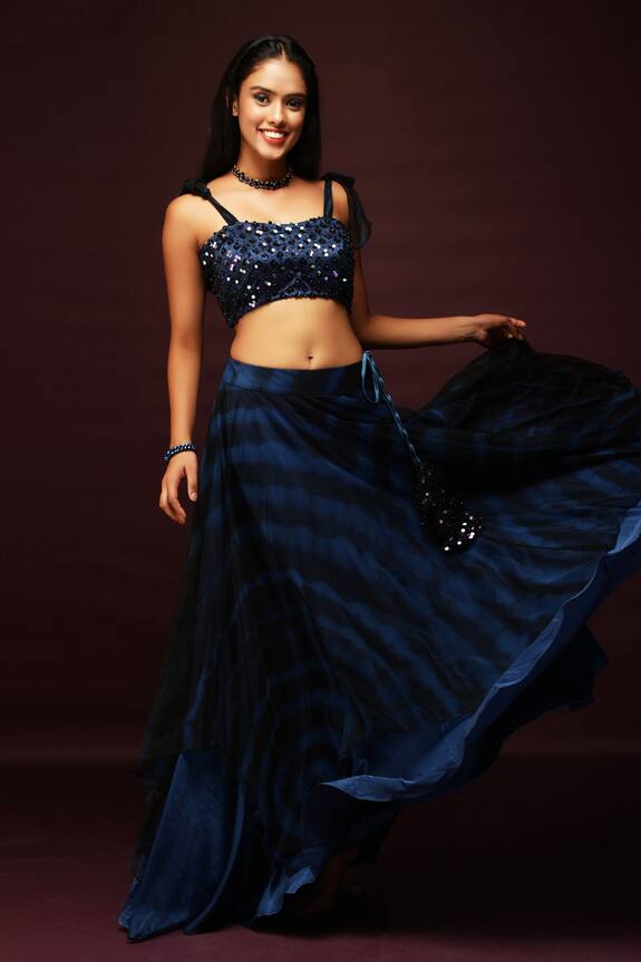 Buy_Ranng by Vandna_Blue Luxury Satin Sequin Embroidered Blouse And Lehenga Set_at_Aza_Fashions