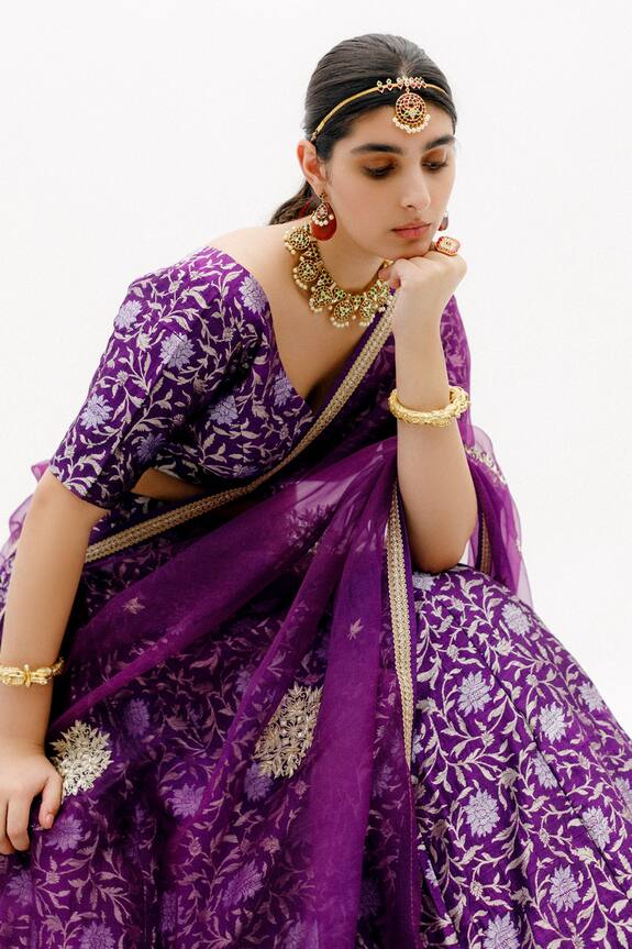 Sobariko Purple Banarasi Floral Pattern Brocade Lehenga Set 4