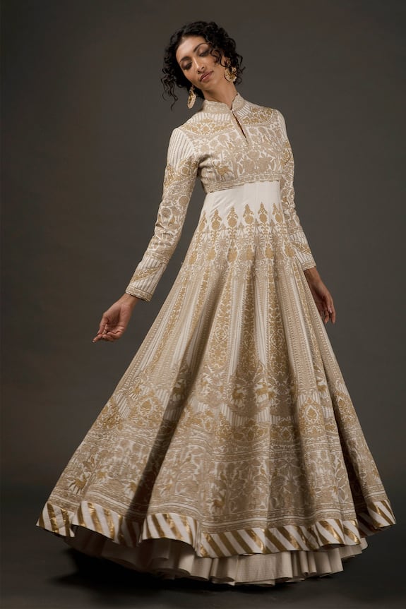 Rohit Bal White Cotton Zari Embroidered Anarkali Set 1