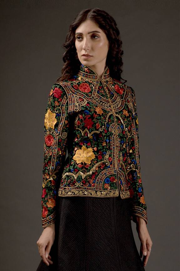 Buy_Rohit Bal_Black Silk Velvet Floral Embroidered Jacket_at_Aza_Fashions