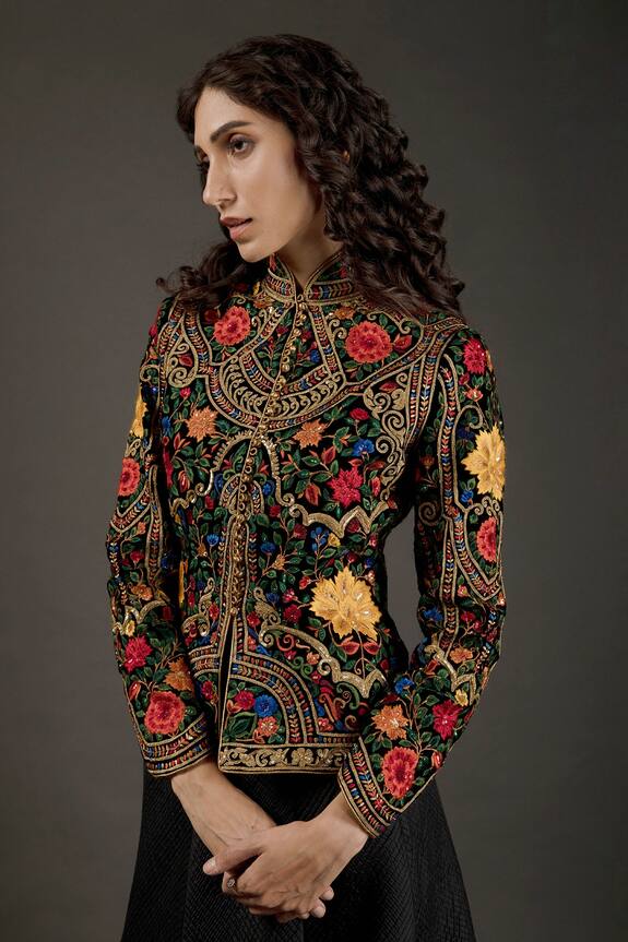 Rohit Bal_Black Silk Velvet Floral Embroidered Jacket_Online_at_Aza_Fashions