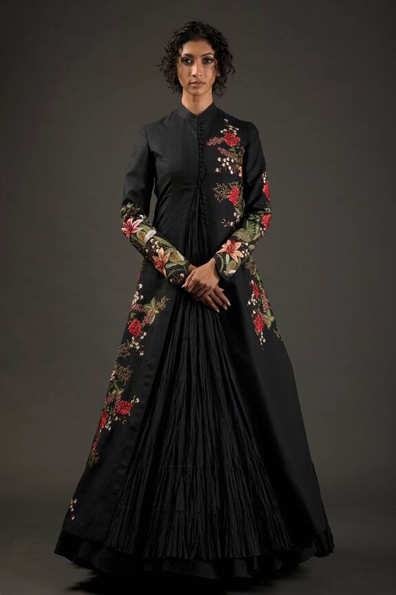 Rohit Bal Black Silk Floral Resham Embroidered Jacket 1