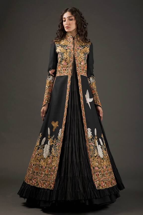 Buy_Rohit Bal_Black Silk Resham Embroidered Long Jacket_at_Aza_Fashions