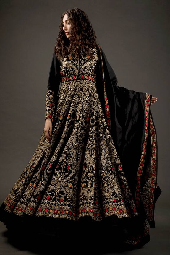Rohit Bal Black Cotton Floral Embroidered Anarkali Set 1