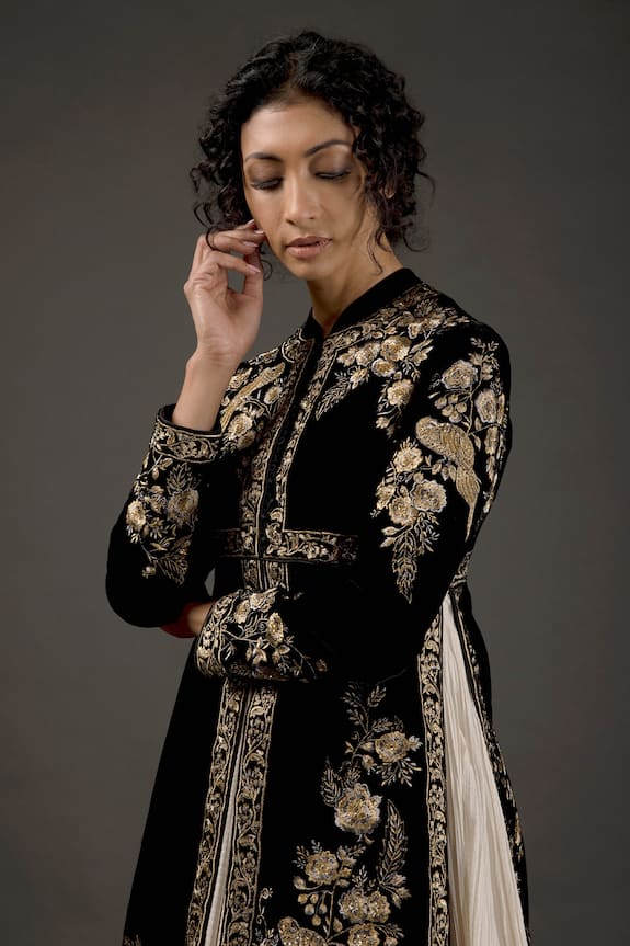 Rohit Bal Black Cotton Silk Velvet Embroidered Split Anarkali Set 3
