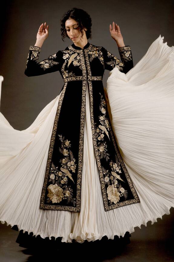 Rohit Bal Black Cotton Silk Velvet Embroidered Split Anarkali Set 4