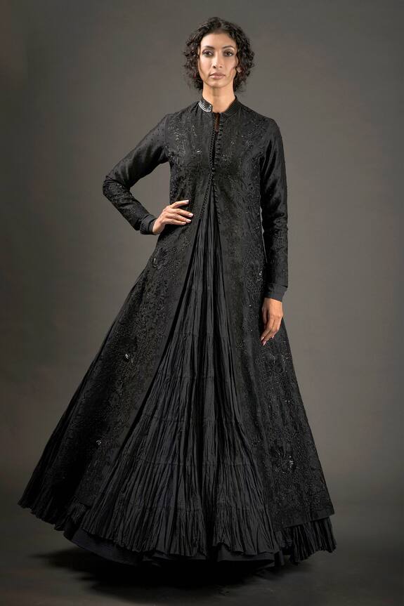 Rohit Bal Black Cotton Chanderi Silk Floral Embroidered Jacket 1