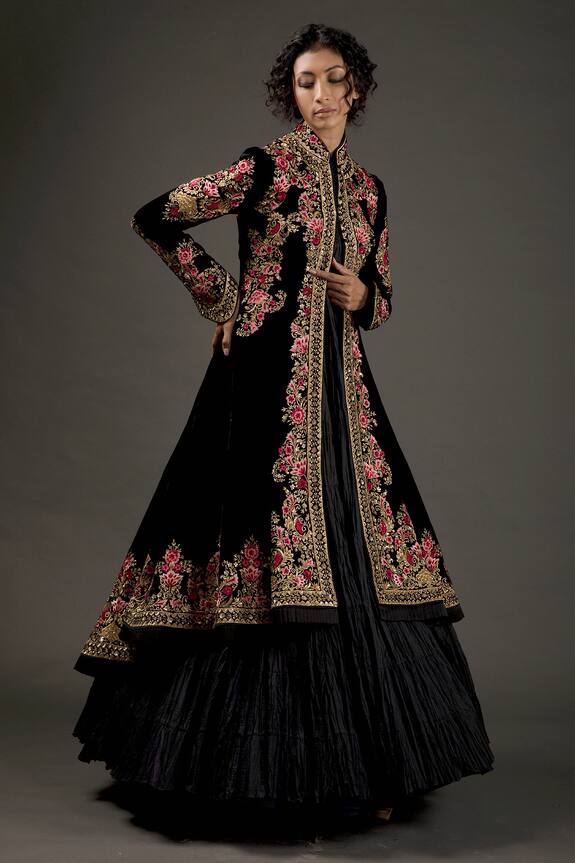 Rohit Bal Black Silk Velvet Embroidered Long Jacket 1