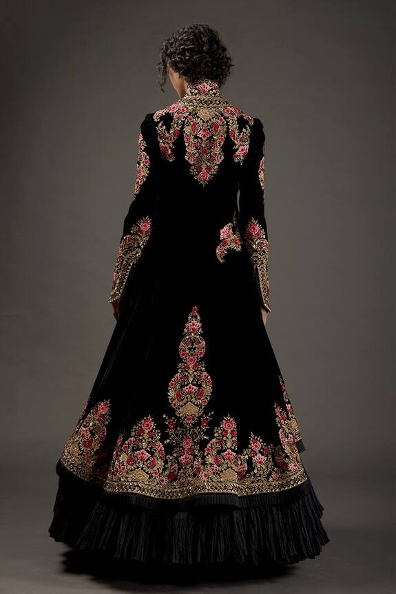 Rohit Bal Black Silk Velvet Embroidered Long Jacket 2