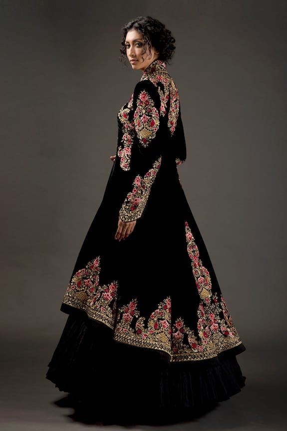 Rohit Bal Black Silk Velvet Embroidered Long Jacket 3