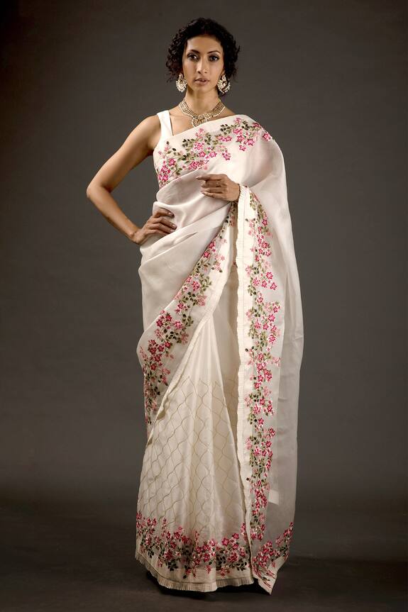 Rohit Bal Ivory Floral Embroidered Organza Saree With Blouse 1