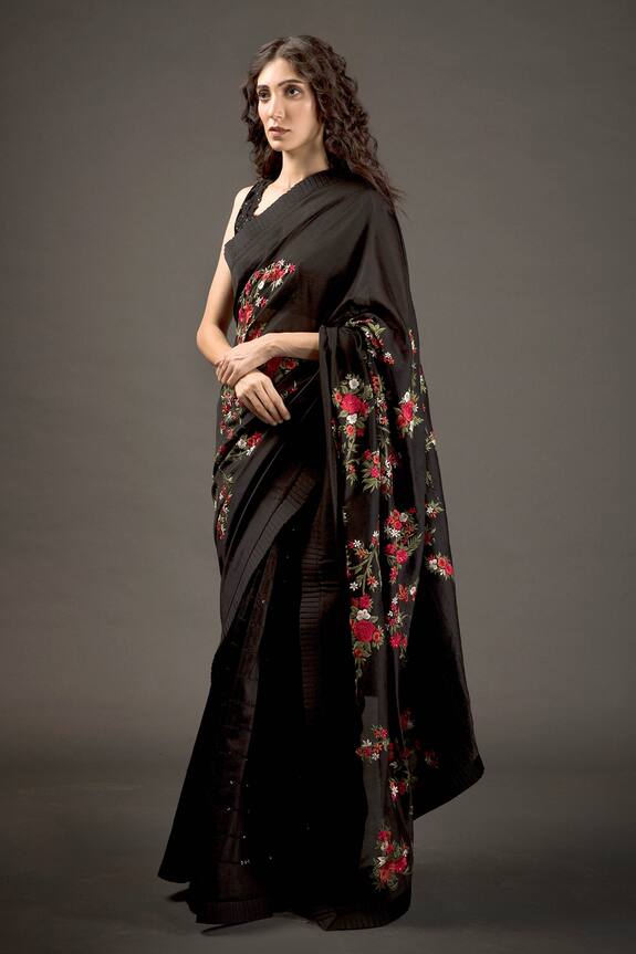 Rohit Bal Black Embroidered Chanderi Silk Saree With Blouse 1