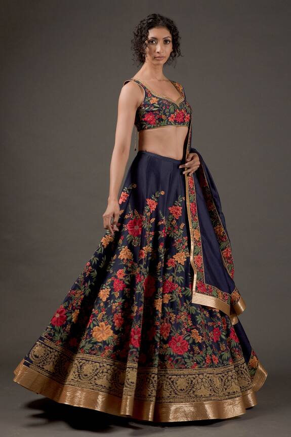 Buy_Rohit Bal_Blue Cotton Chanderi Silk Floral Embroidered Lehenga Set_at_Aza_Fashions