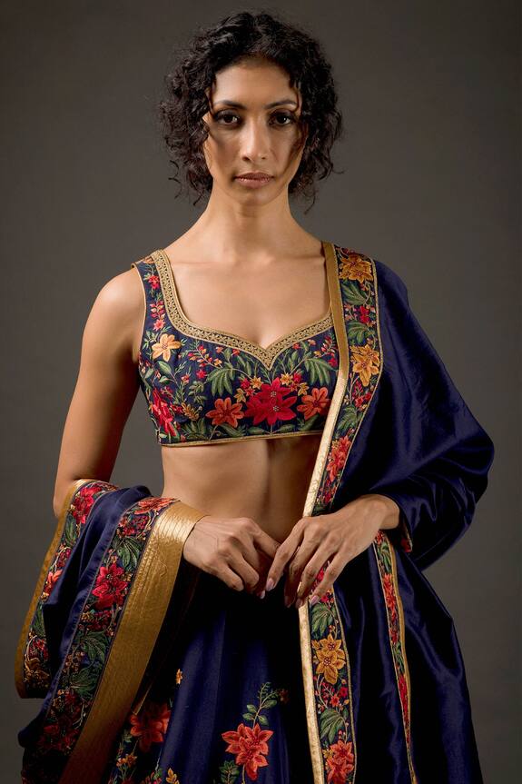 Rohit Bal_Blue Cotton Chanderi Silk Floral Embroidered Lehenga Set_Online_at_Aza_Fashions