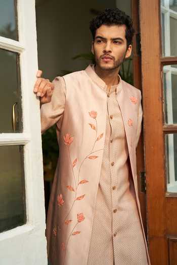 Peach Cotton Silk Jacket Kurta Set with Mirror Work main image 0