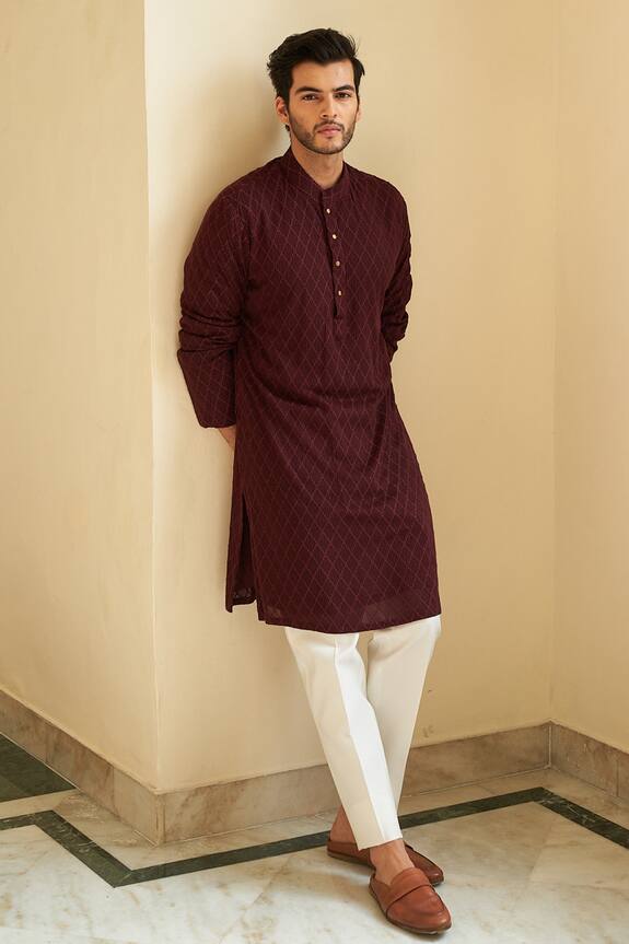 Buy Contrast By Parth Maroon Chikankari Embroidered Kurta Set Online ...