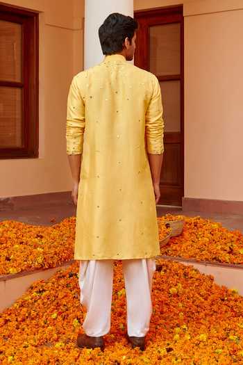 Yellow - Golden Polka Zari Butta Spun Dupion Silk Long Kurta 05