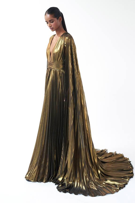 Buy Gauri & Nainika Gold Lame Metallic Pleated Gown Online | Aza Fashions