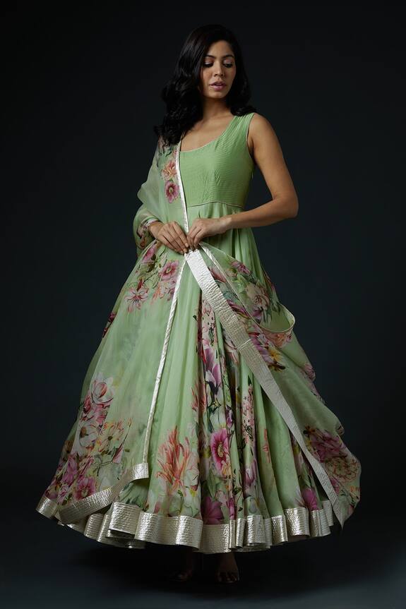 Rohit Bal Green Cotton Floral Print Anarkali Set 1
