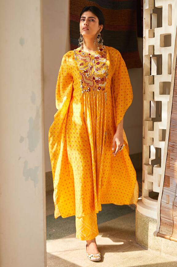 Buy Label Anushree Yellow Silk Kaftan Tunic And Pant Set Online Aza