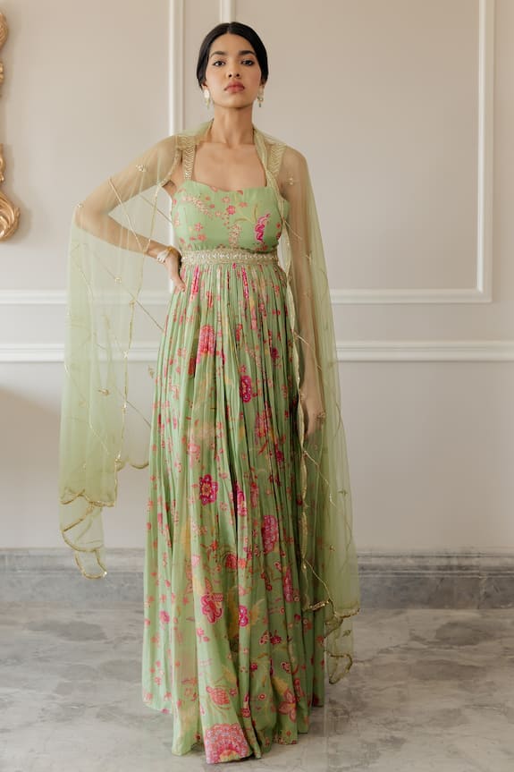 Paulmi and Harsh Green Cotton Silk Floral Print Anarkali And Dupatta Set 1