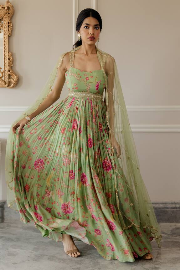 Paulmi and Harsh Green Cotton Silk Floral Print Anarkali And Dupatta Set 4