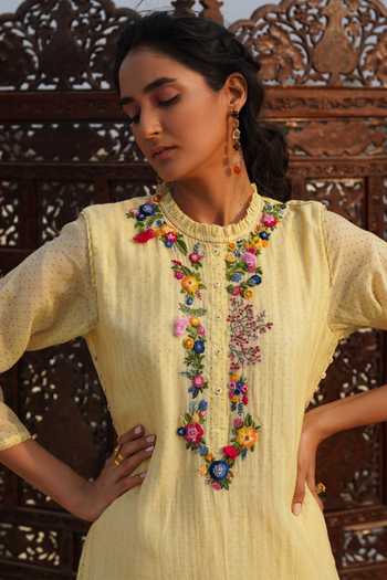 Ruhani Yellow Pleated Cotton Silk Kurta With Pakka Hand Embroidery
