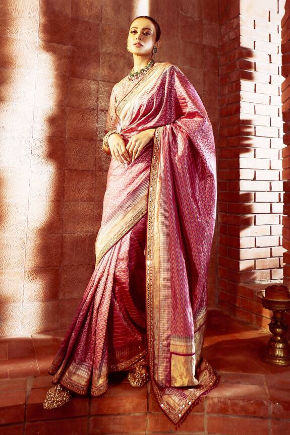 Tarun Tahiliani Pink Silk Ikat Saree With Jamewar Blouse 1