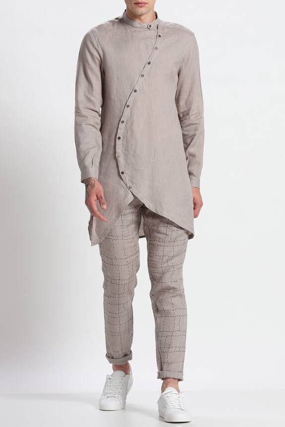 Buy Son of A Noble Snob Grey Linen Kurta Online | Aza Fashions