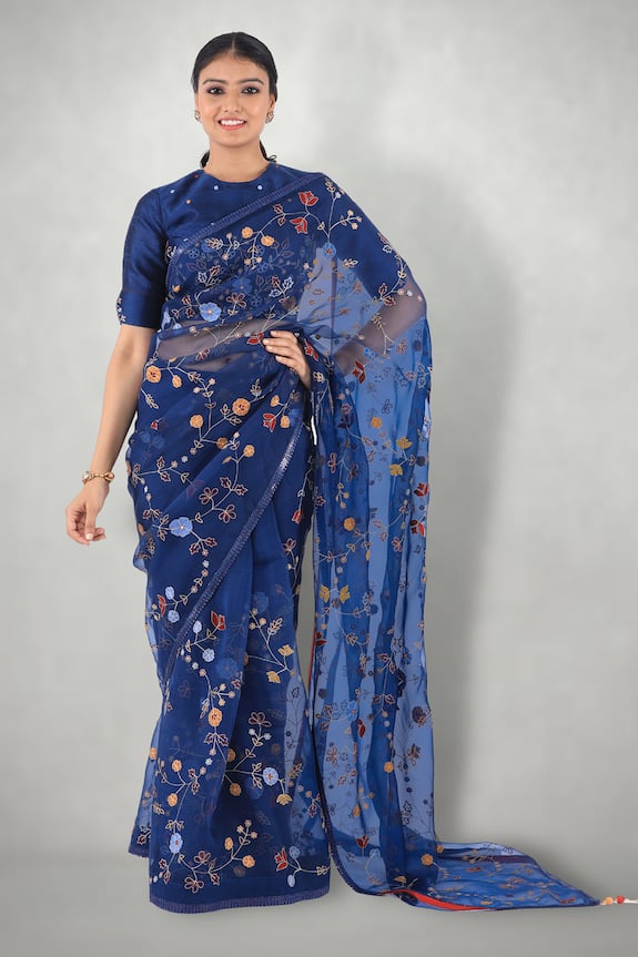 I am Design Blue Silk Organza Aari Embroidered Saree With Blouse 3
