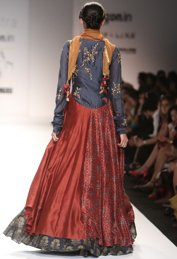 Joy Mitra Deep Grey Embroidered Ajrakh Anarkali With Printed Skirt 2