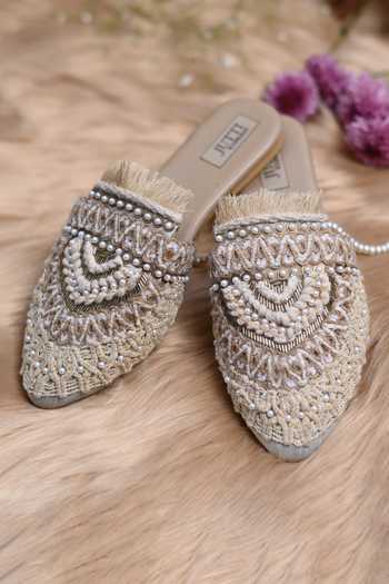Buy Jutti Express Off White Pu Lace Embroidered Mules Online | Aza Fashions