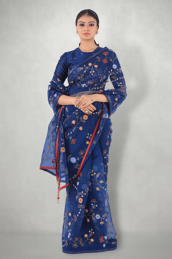 I am Design Blue Silk Organza Aari Embroidered Saree 2