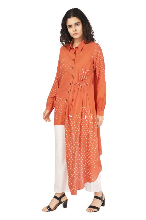 The Pot Plant Clothing Orange Cotton Silk Bandhani Print Draped Shirt Tunic 0