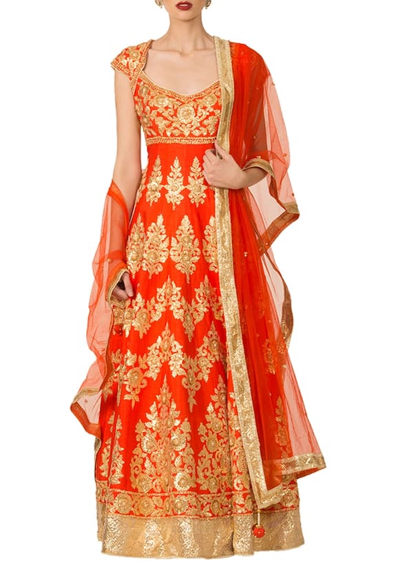 Preeti S Kapoor Orange And Gold Applique Anarkali Set 1