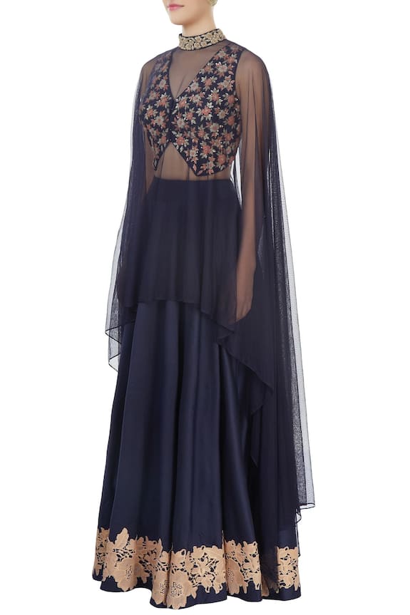 J by Jannat Navy Blue Lehenga And Blouse With Cape 4