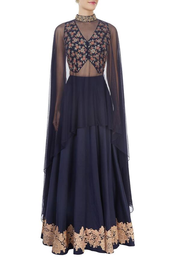 J by Jannat Navy Blue Lehenga And Blouse With Cape 5