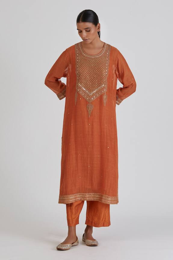Lajjoo C Orange Chanderi Viti Zardosi Embroidered Kurta And Pant Set 0