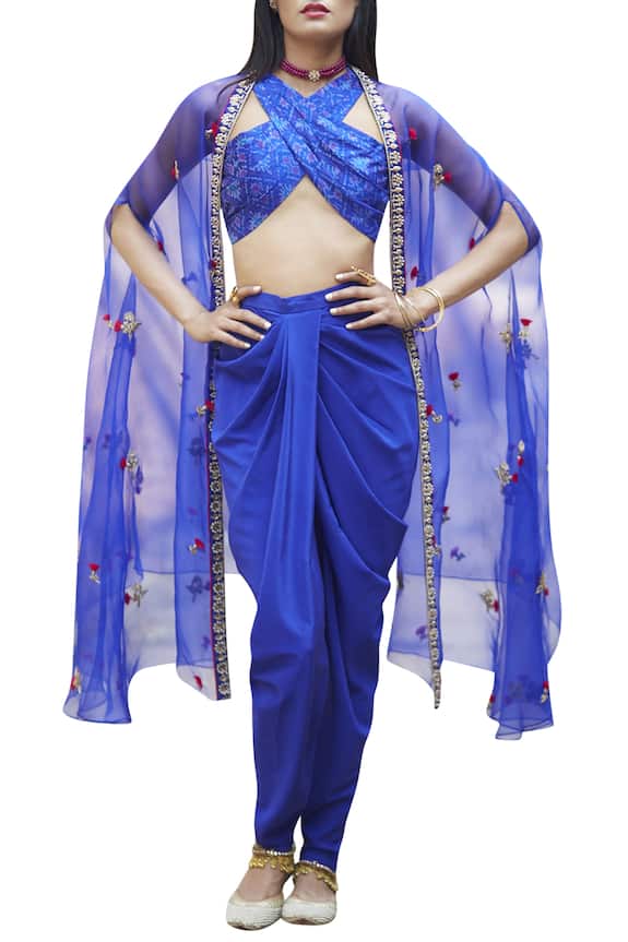 Tisha Saksena Blue Raw Silk Embellished Jacket And Dhoti Pant Set 1