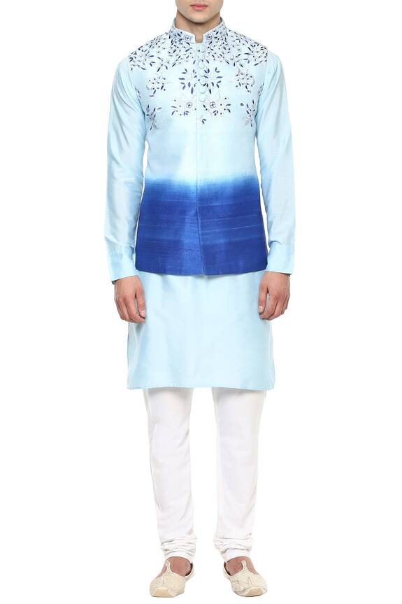 Manish Nagdeo Blue Embroidered Bundi And Kurta Set 5